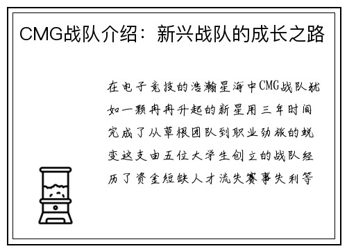CMG战队介绍：新兴战队的成长之路