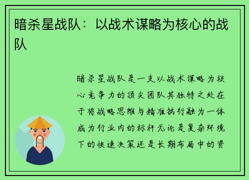 暗杀星战队：以战术谋略为核心的战队
