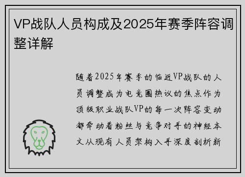 VP战队人员构成及2025年赛季阵容调整详解